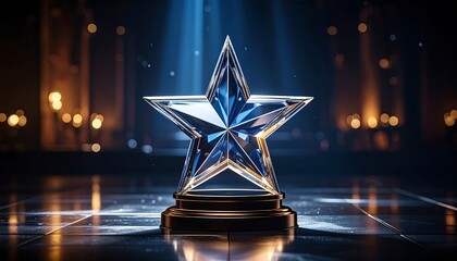 A large, radiant, star-shaped trophy in a dimly lit hall