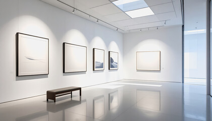 Minimalist art gallery room featuring three framed pictures on a clean wall with ample natural light and space
