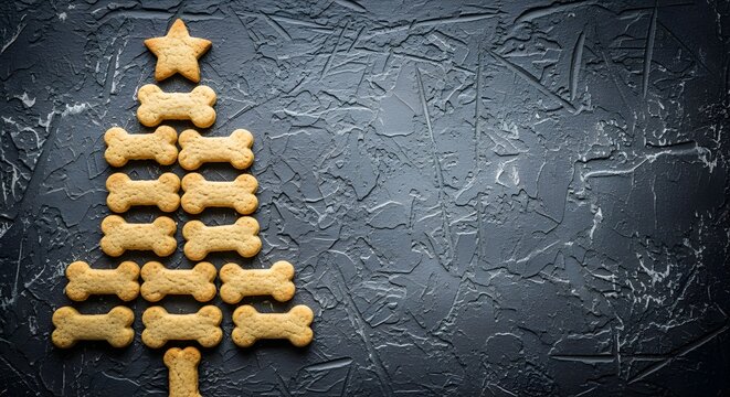 Adorable dog bone biscuits creatively arranged into a festive Christmas tree shape on a textured dark background, perfect for pet holiday celebrations and unique seasonal imagery
