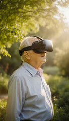 Senior man immersed in virtual reality outdoors, wearing a modern VR headset while experiencing digital worlds in a sunlit natural park.