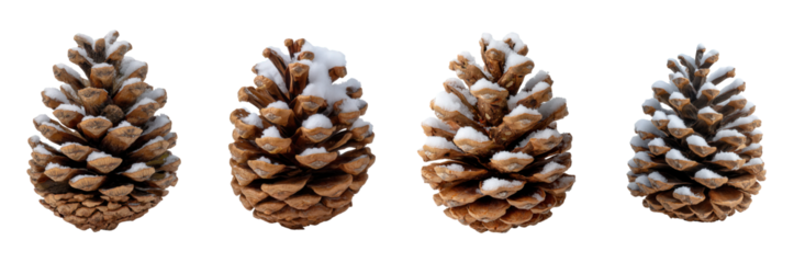 An isolated collection of four textured evergreen seed cones, each featuring a light dusting of pure white snow, evoking a crisp natural winter atmosphere