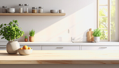 Bright kitchen counter with a pot of fresh fruit displayed in a minimalist setup with open space for text