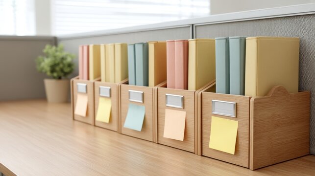 Organized Office Cubicle Desk with Wooden Folders and Colorful Labels for Efficient Workspace Management and Productivity Enhancement