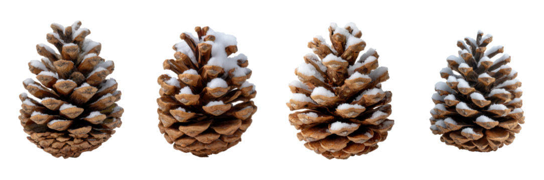An isolated collection of four textured evergreen seed cones, each featuring a light dusting of pure white snow, evoking a crisp natural winter atmosphere