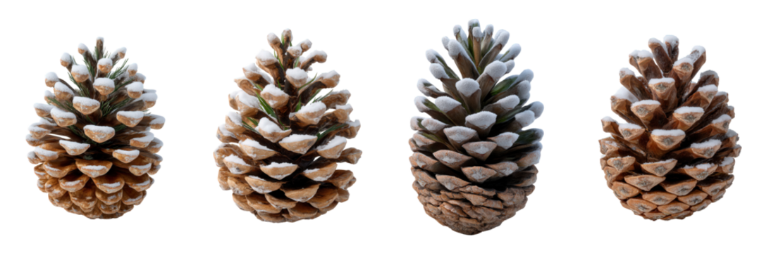 A charming collection of four distinct pine cones, naturally varied in shape and texture, delicately adorned with the first hints of winter's frost, creating a serene and timeless seasonal display