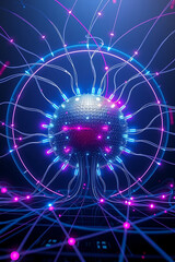A glowing sphere with interconnected lines and nodes, representing a digital network.