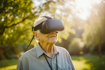 Smiling senior man experiencing virtual reality outdoors, highlighting technology adoption and engaging with futuristic digital worlds.