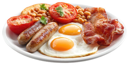 A delicious cooked English breakfast served on a plate showcasing traditional meal with eggs bacon and sausage on white background
