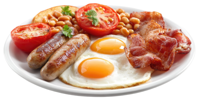 A delicious cooked English breakfast served on a plate showcasing traditional meal with eggs bacon and sausage on white background