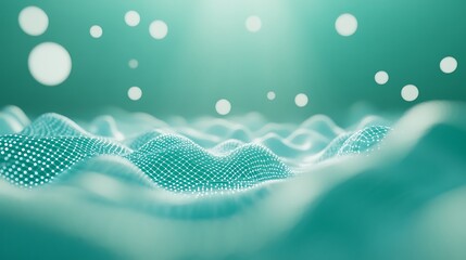 Abstract turquoise network with white nodes and spheres floating in a soft background
