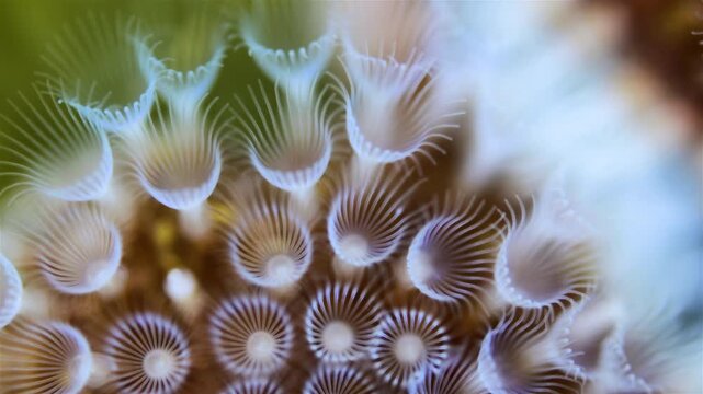 Colony of Bryozoa Flustrellidra hispida under a microscope, family Flustrellidridae. They feed on suspended particles in the water. White Sea.
