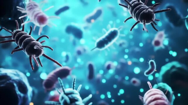 Microscopic view of bacteria and viruses, illustrating the complex world of microorganisms with scientific detail and vibrant colors