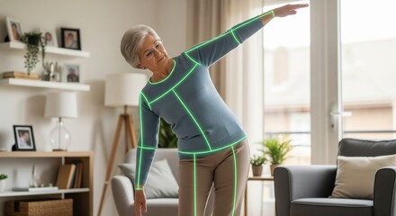Senior woman exercising with AI motion tracking technology at home