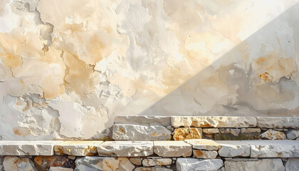Natural stone wall with a rustic bench bathed in soft light providing ample space for text or graphics