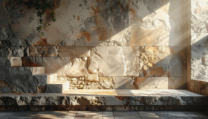 Comfortable bench set against a natural stone wall with soft lighting offering space for text or graphics
