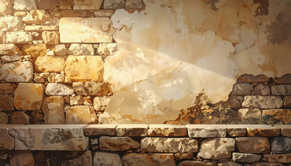 Stunning stone wall with light filtering through it creating a soft glow and ample space for text or graphics