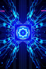 Abstract symmetrical design featuring a central square with an eight-pointed star, surrounded by radiating blue light patterns and circuit-like elements.
