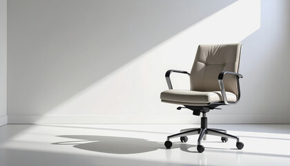 Contemporary office chair displayed in a white room with soft shadows creating an elegant and simple design