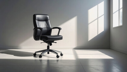 Elegant black office chair placed in bright white room with soft shadow for modern workspace aesthetic