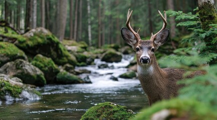 a deer standing by the river in an ancient forest, surrounded by moss-covered rocks and tall trees