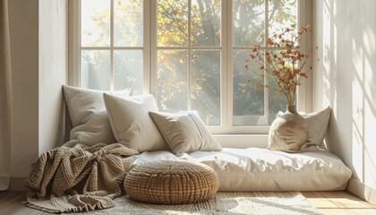 Cozy and inviting window seat with soft blanket and plush pillows for relaxation and reading nook ambiance