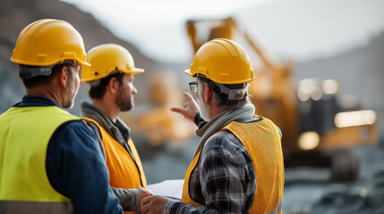 Three faceless construction workers in quarry from behind discussing project defocused heavy machinery in background professional consultation mining site planning industrial