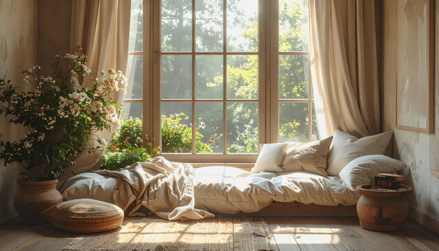 A cozy reading nook by a window featuring a bed, plant, and soft decor in neutral tones for relaxation