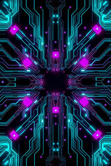 Abstract symmetrical circuit board design with glowing turquoise lines and pink square elements on a dark background.