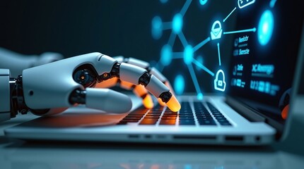 A robotic hand types on a laptop, with glowing digital icons (like security and connectivity symbols) in the background, emphasizing AI and tech themes.

