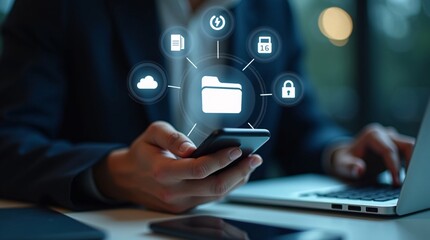 A businessperson uses a smartphone and laptop, with glowing digital icons (folder, cloud, locks) representing data management and security.