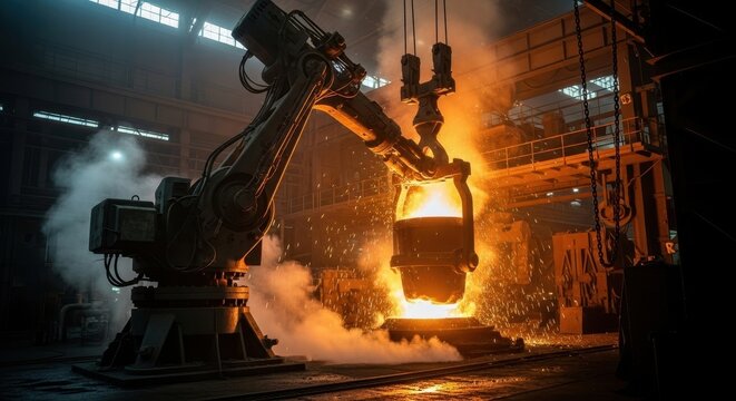 massive robotic arm lifts crucible of glowing molten steel in dark foundry. sparks and steam fill industrial plant. modern automation and heavy industry concept.