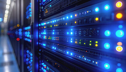 Close-up view of a server in a modern server room with glowing leds and spacious copy area for digital content