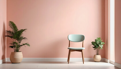 Aesthetic setting featuring a pink wall with a simple dining chair and a green potted plant for stylish decor