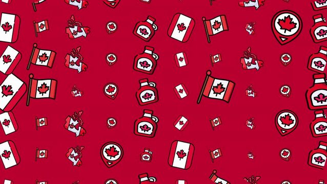 Seamless looping animation of Canadian symbols pattern with red background, maple leaf flags, and Canada map icons. Perfect for Canada Day celebration design.