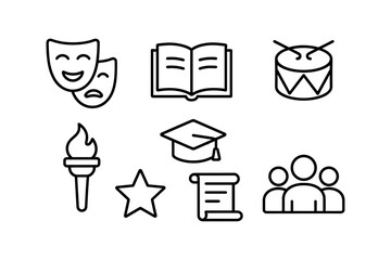 Education and arts icon set featuring theater, books, and music elements