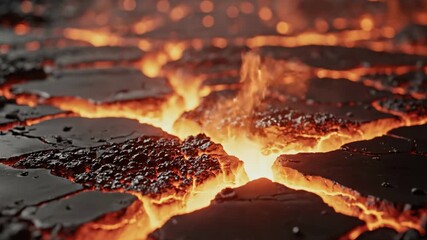 A dramatic close-up of a cracked volcanic landscape with glowing hot lava fire and burning embers - Powered by Adobe