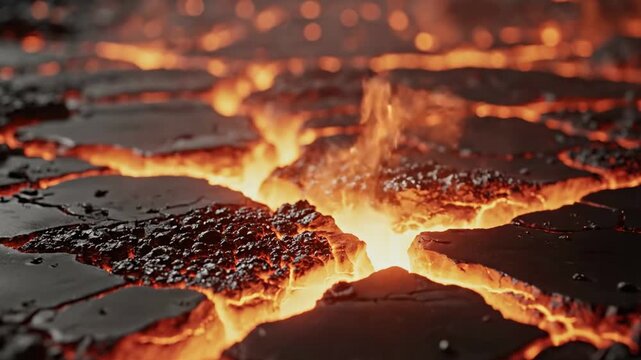 A dramatic close-up of a cracked volcanic landscape with glowing hot lava fire and burning embers