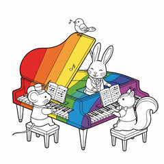 Whimsical animals joyfully play a rainbow grand piano creating vibrant melodies and a cheerful artistic atmosphere for creative projects.