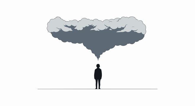 Dark thoughts and overthinking person with dark cloud above head on plain background. Dark thoughts leading to anxiety and stress, represented by ominous storm cloud.
