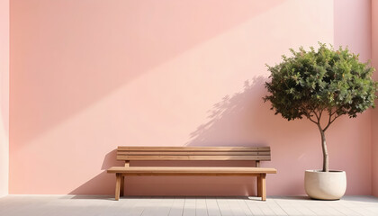 A serene tree set against a soft pink wall with a wooden bench in a minimalist style for a calming aesthetic
