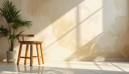 A wooden stool in a room accompanied by a plant creating a minimalist look with ample negative space for text