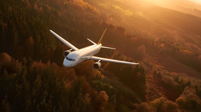 Commercial passenger airplane flies low over dense forest landscape bathed in golden sunlight - Powered by Adobe