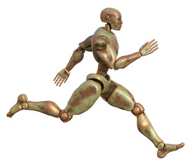 Rusty metal anthropomorphic robot running fast. 3d rendering on transparent background, no AI used