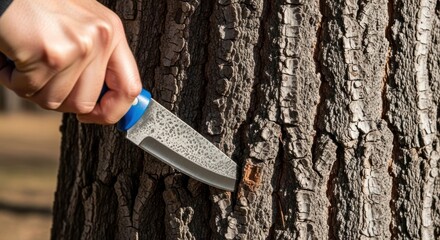 Hand uses knife to cut into tree bark, close up shot