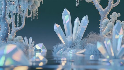Holographic Crystal Forest With Iridescent Trees And Shimmering Water In Magical Fantasy Landscape Digital 3D Artwork
