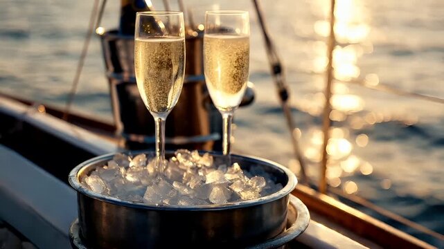 A closeup shot of a glass of champagne on a boat deck during sunset. The glass is filled with a golden liquid, likely champagne, and is surrounded by ice cubes. The background is blurred.