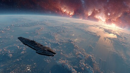 An immense interstellar spaceship hovers over a planet's atmosphere with a fiery cosmic cloudscape illuminating the epic scene