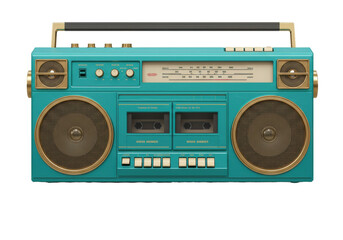 Isolated vintage 1980s turquoise boombox cassette player studio shot for retro entertainment media