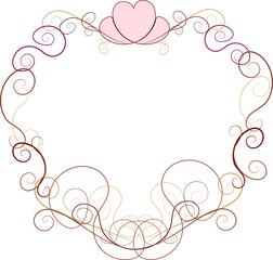 Ornate Valentine's Day vector frame of intricate burgundy and gold filigree scrolls and a pink heart, perfect for luxury romantic stationery or wedding invitations.