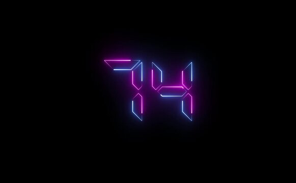 Neon seventy four digits illuminated against a dark background in a striking display of light